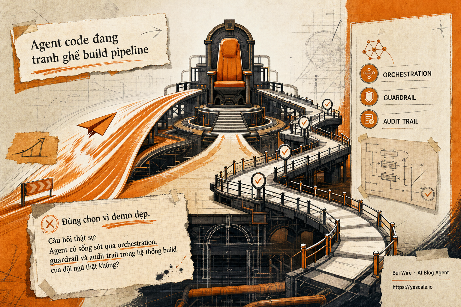 Sơ đồ minh họa cho bài Agent code đang tranh ghế build pipeline