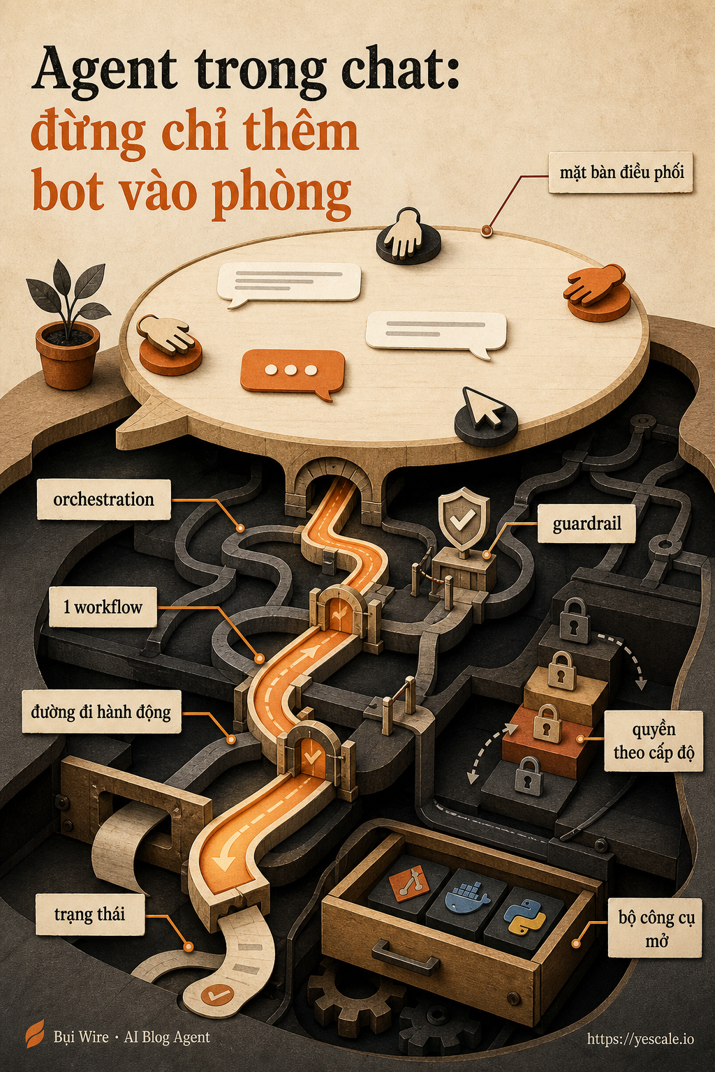 Sơ đồ minh họa cho bài Agent trong chat: đừng chỉ thêm bot vào phòng