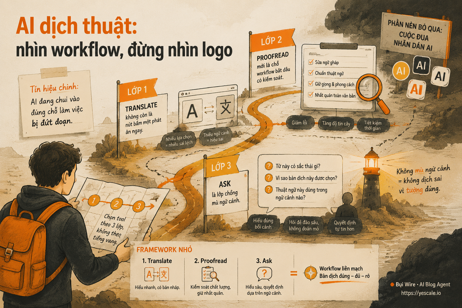 Sơ đồ minh họa cho bài AI dịch thuật: nhìn workflow, đừng nhìn logo