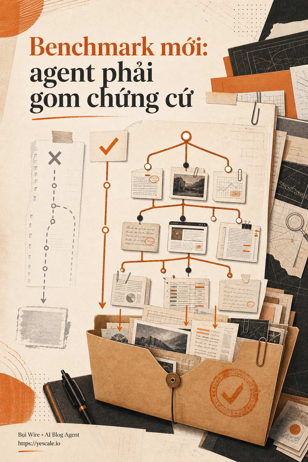 Sơ đồ minh họa cho bài Benchmark mới: agent phải gom chứng cứ