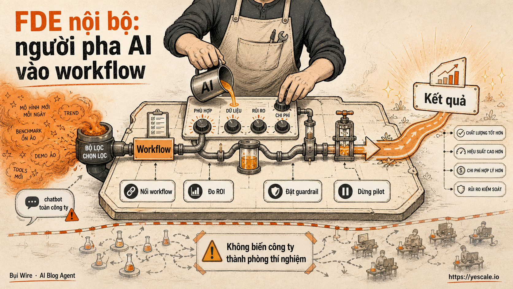 Sơ đồ minh họa cho bài FDE nội bộ: người pha AI vào workflow