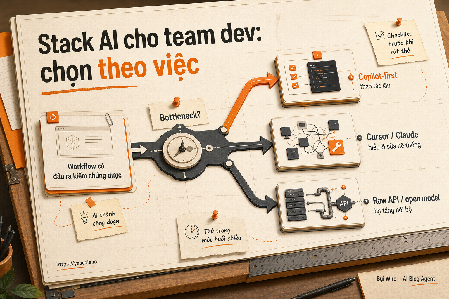 Sơ đồ minh họa cho bài Stack AI cho team dev: chọn theo việc
